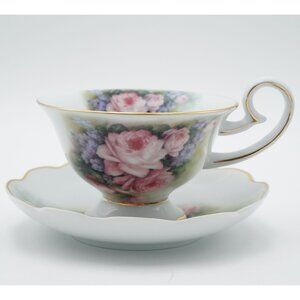 Vintage PT Porcelain Treasures Floral Betty Platner Hand-Decorated Cup & Saucer
